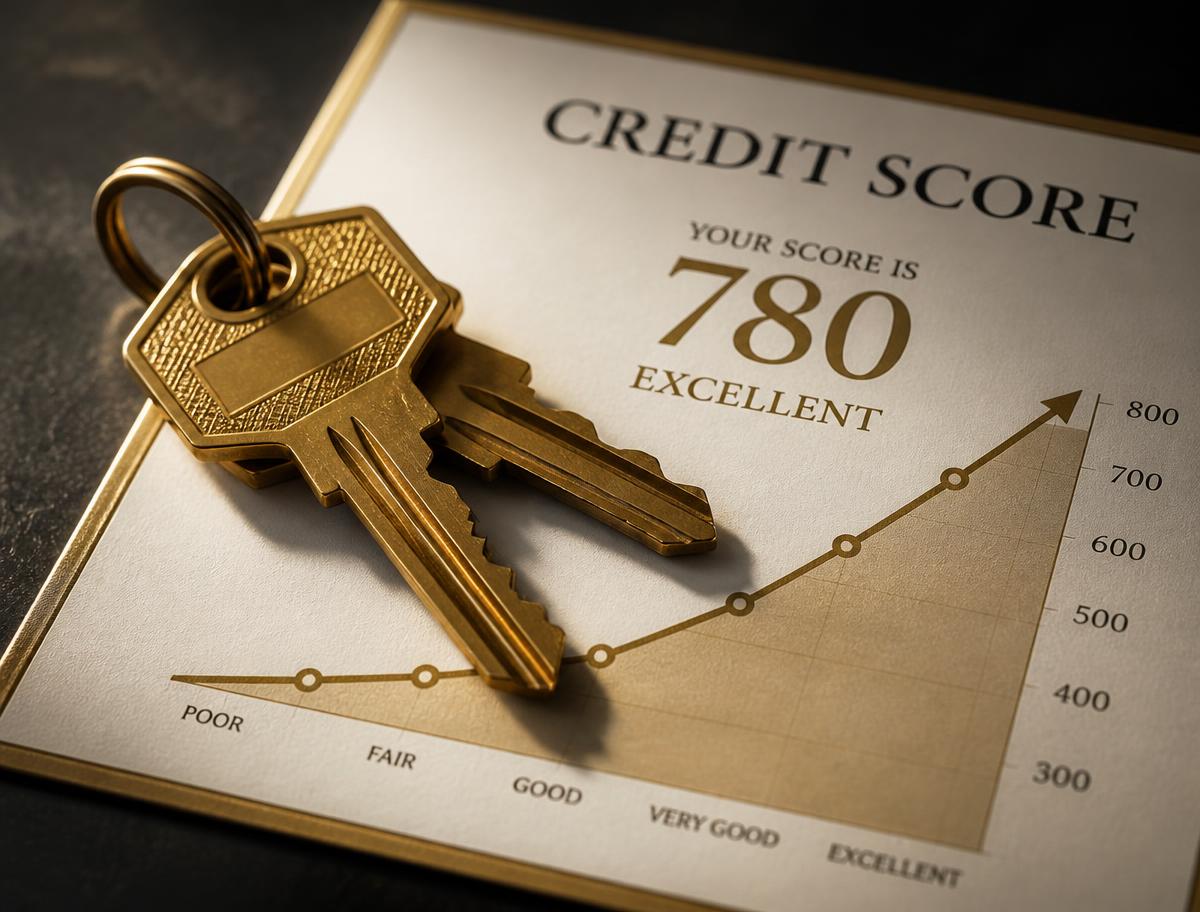 House keys resting on a rising credit score chart